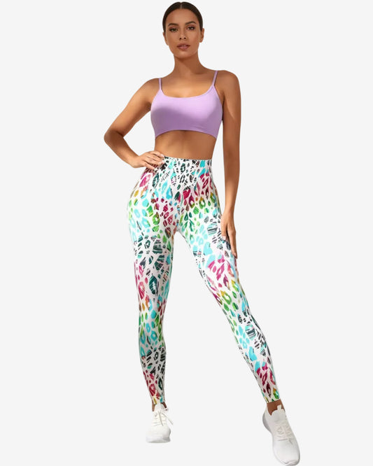 Legging imprimé léopard multicolore électrique – Taille haute effet galbant